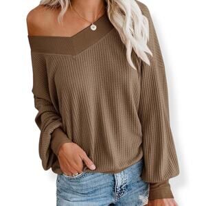 Adreamly women's brown v-neck waffle knit oversize long sleeve top Small